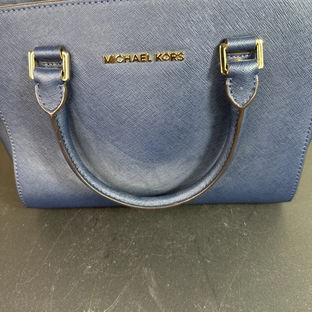 Michael Kors Jet Set Medium Saffiano Leather Satchel Navy Blue Gold Zip Tote